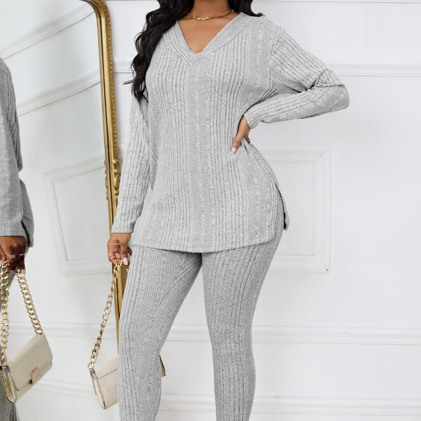 Women's Knitted V-neck Top With Split Hem Details, Versatile Two-piece Set