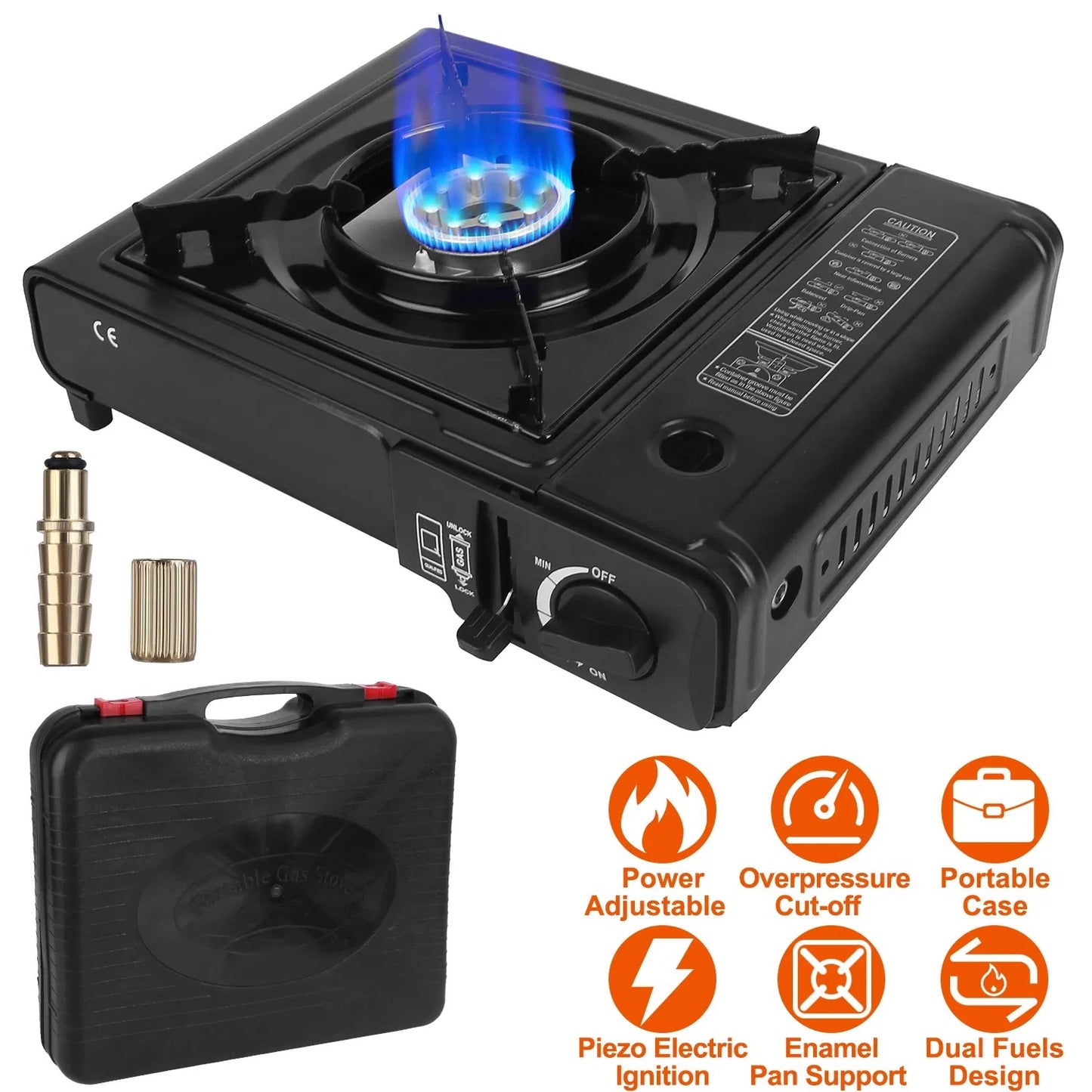 3300W Portable Camping Stove Butane Canister Dual Fuel Burner Piezo Electric Ignition Single Burner With Automatic Tank Ejection Overpressure Cut Off Carry Case For Camping Hiking Picnic Fishing