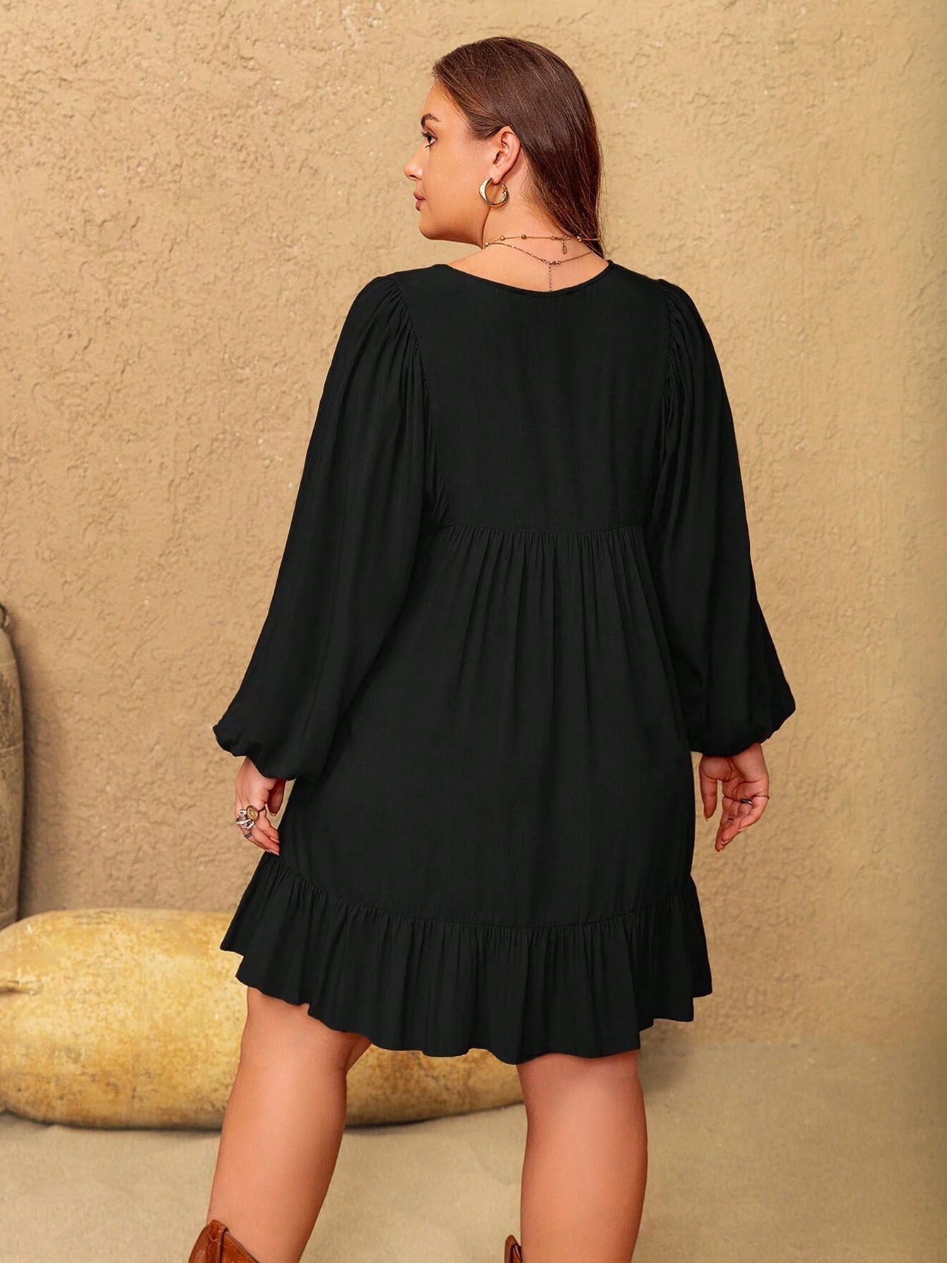 Women's Plus Size Embroidered Summer Casual Long Sleeve Tie V-Neck Mini Dress