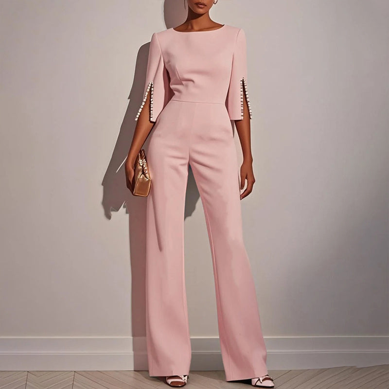 Women's Elegant Round Neck Jumpsuit - Mid-Sleeve With Side Slit Cuffs & Pearl Accents, Back Zipper Design For Casual To Formal Events