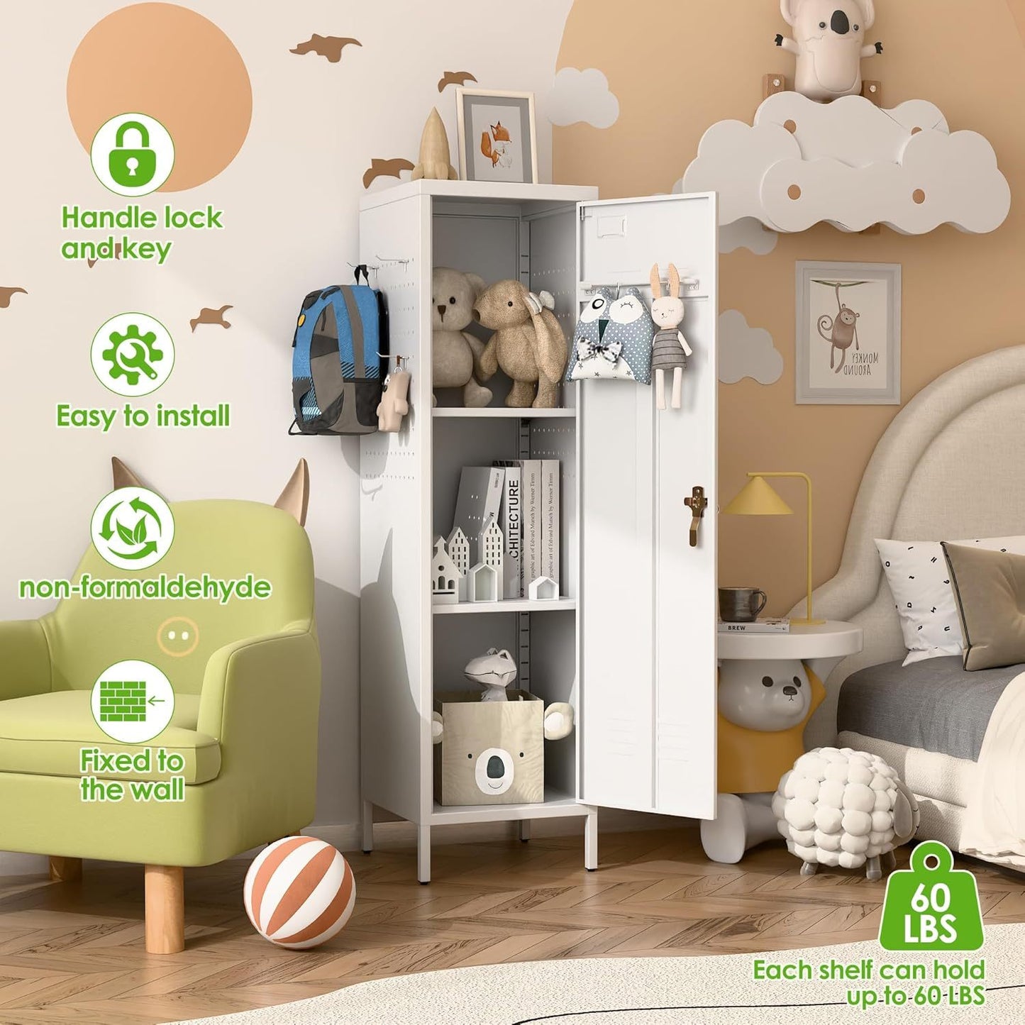 Metal Lockers For Employees With Handle,Metal Storage Locker With 2 Pegboard & 5 Hooks For Gym, School, Office,Home,Garage,White