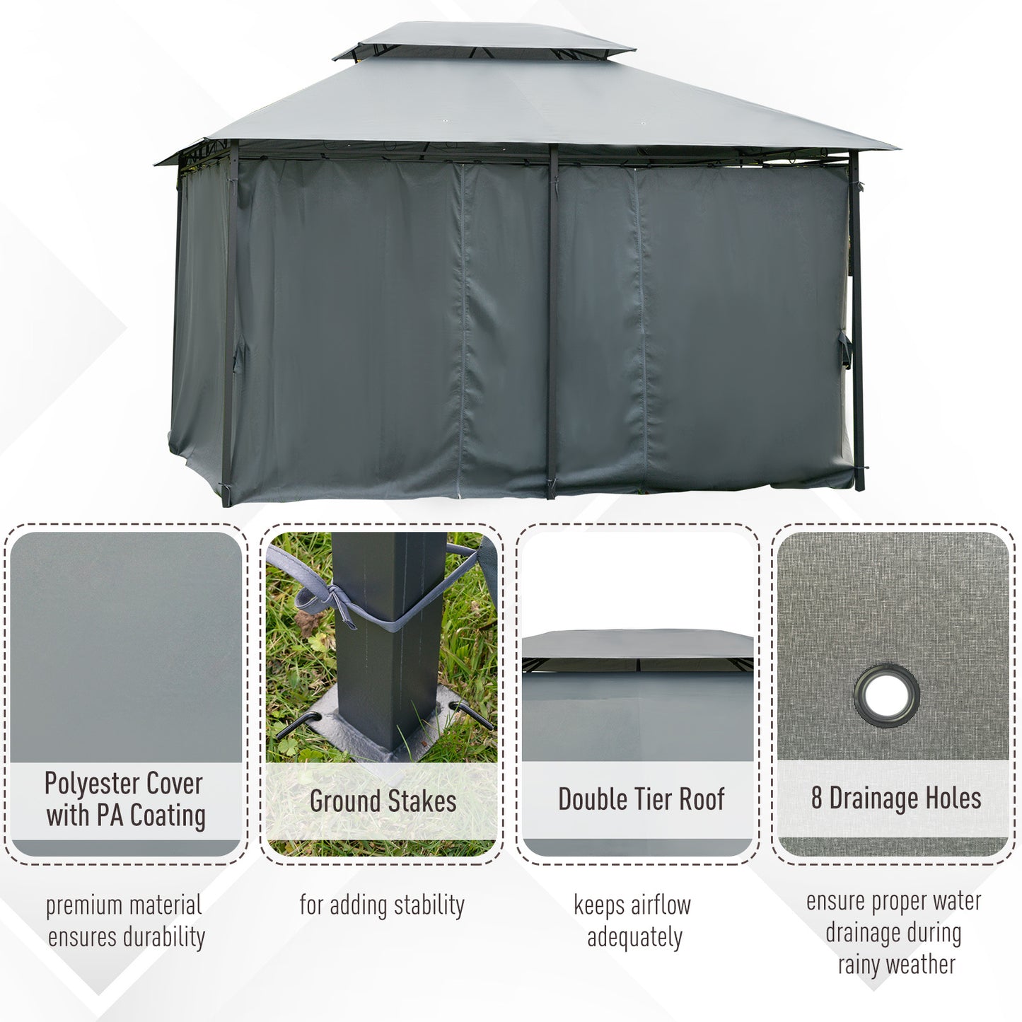 10' X 13' Outdoor Soft Top Gazebo Pergola With Curtains, 2-Tier Steel Frame Gazebo For Patio,