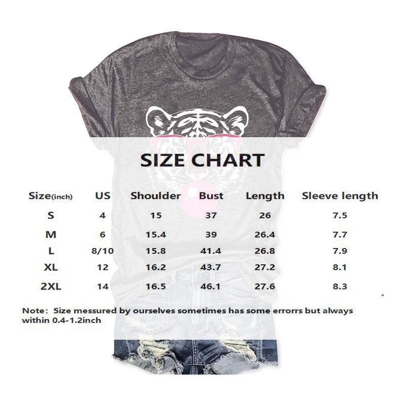 Women's Tiger With Glasses Blow Bubbles Print Round Neck T-Shirt - Summer Casual Tee