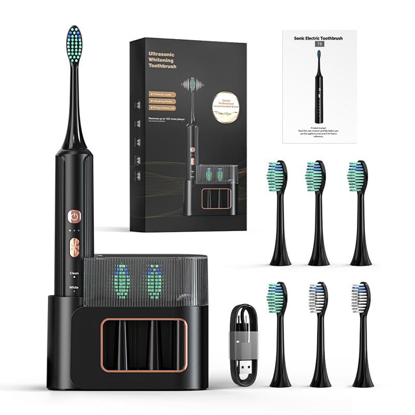 Aquasonic Black Series Ultra Whitening Toothbrush ADA Approved Electric Toothbrush 8 Brush Heads And Travel Case, 40,000 VPM Electric Motor And Wireless Charging, 4 Modes With Smart Timer