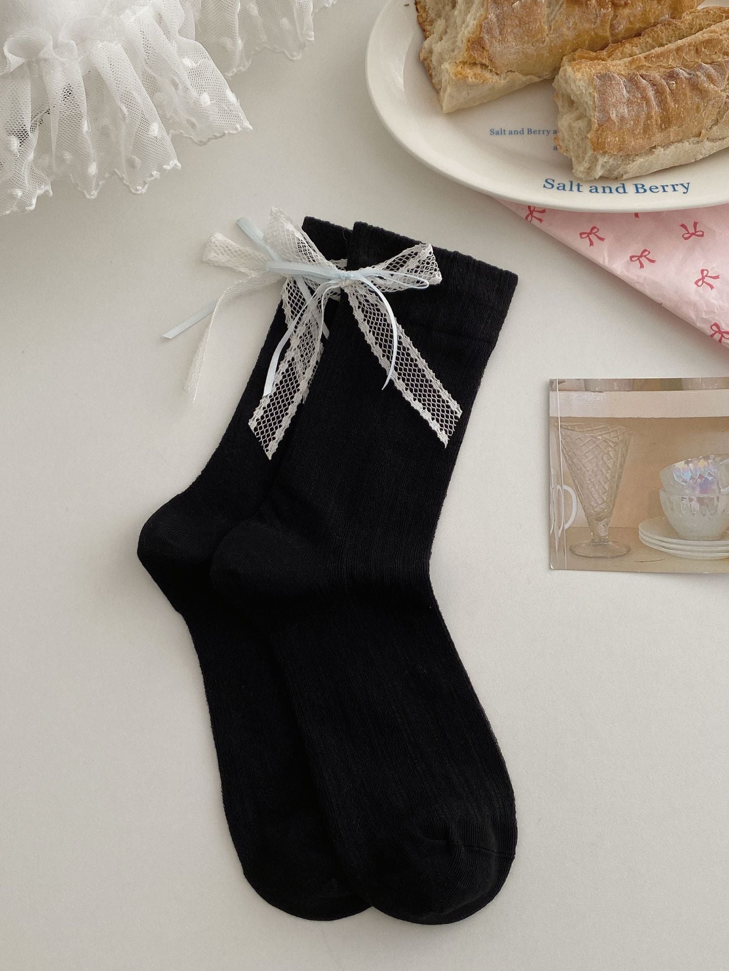 Summer Thin Boneless Ballet Style Ins Japanese Girl Lace Bow Ribbon Socks Women's Mid Tube Stockings