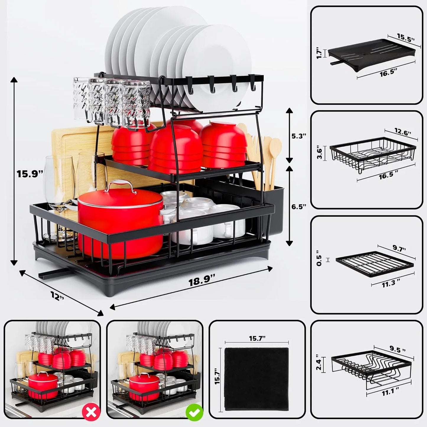 3 Tier Dish Racks For Kitchen Counter - Automatic Drainage Large Dish Drying Rack - Rust Proof Dish Drainers For Kitchen Counter