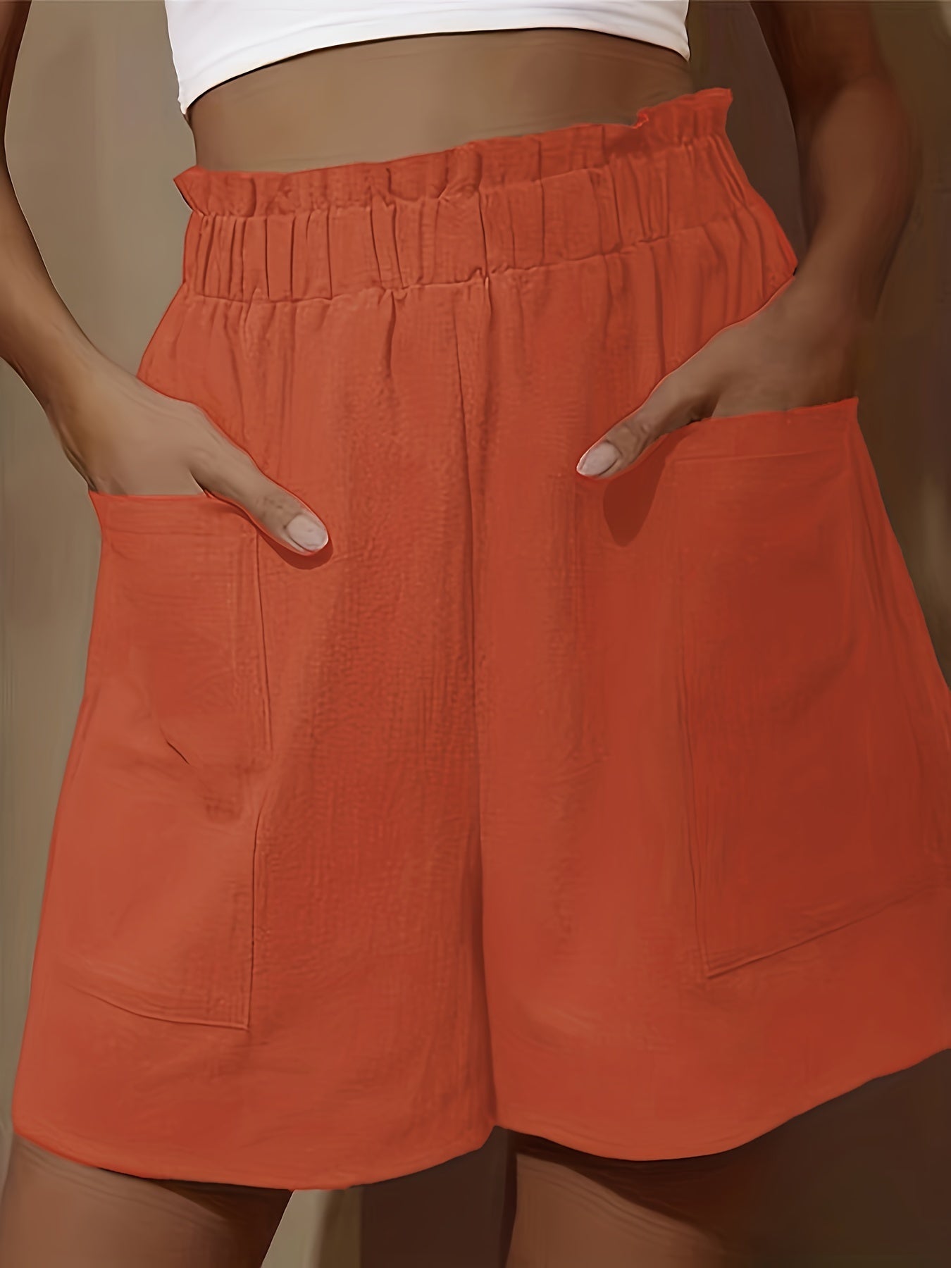 Plus Size Women's Loose Wide Leg Cotton Material Pocket Solid Elastic High Waist Shorts