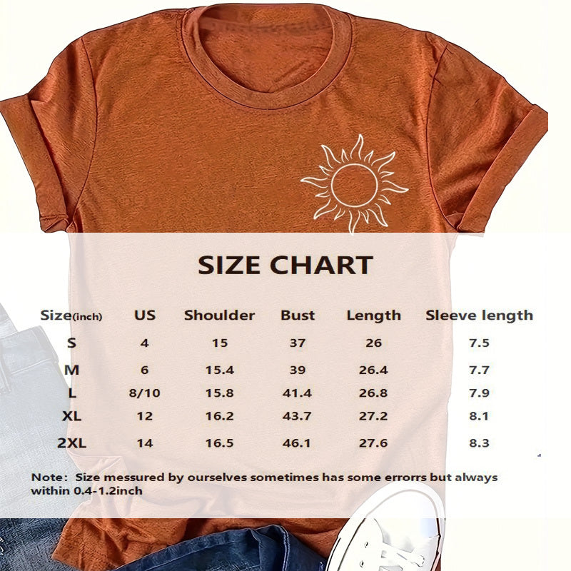Women's Sun Print Crew Neck T-Shirt, Casual Short Sleeve Top For Spring & Summer