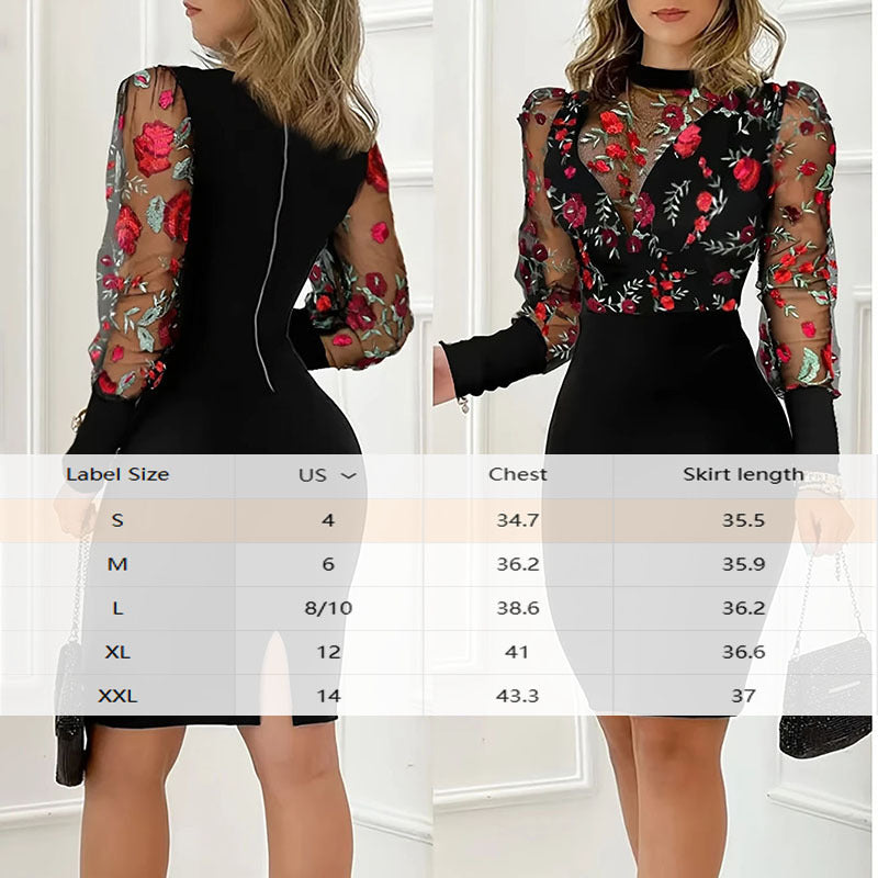 Women's Elegant Round Neck Long Sleeve See Through Floral Print Bodycon Dress For Spring & Summer