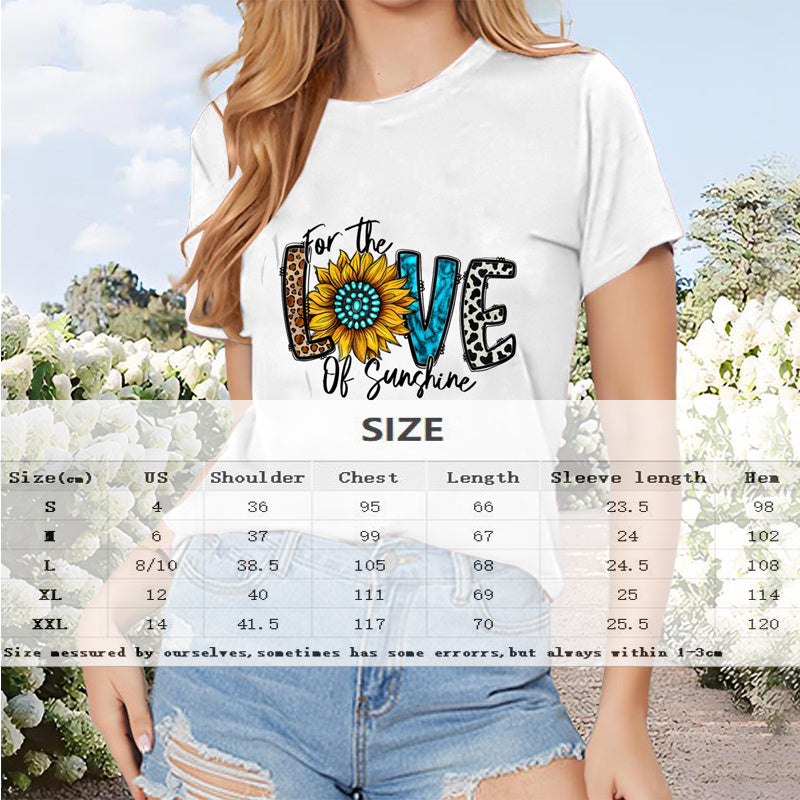 Women's Round Neck Short Sleeve T-Shirt With 'LOVE' & Sunflower Print