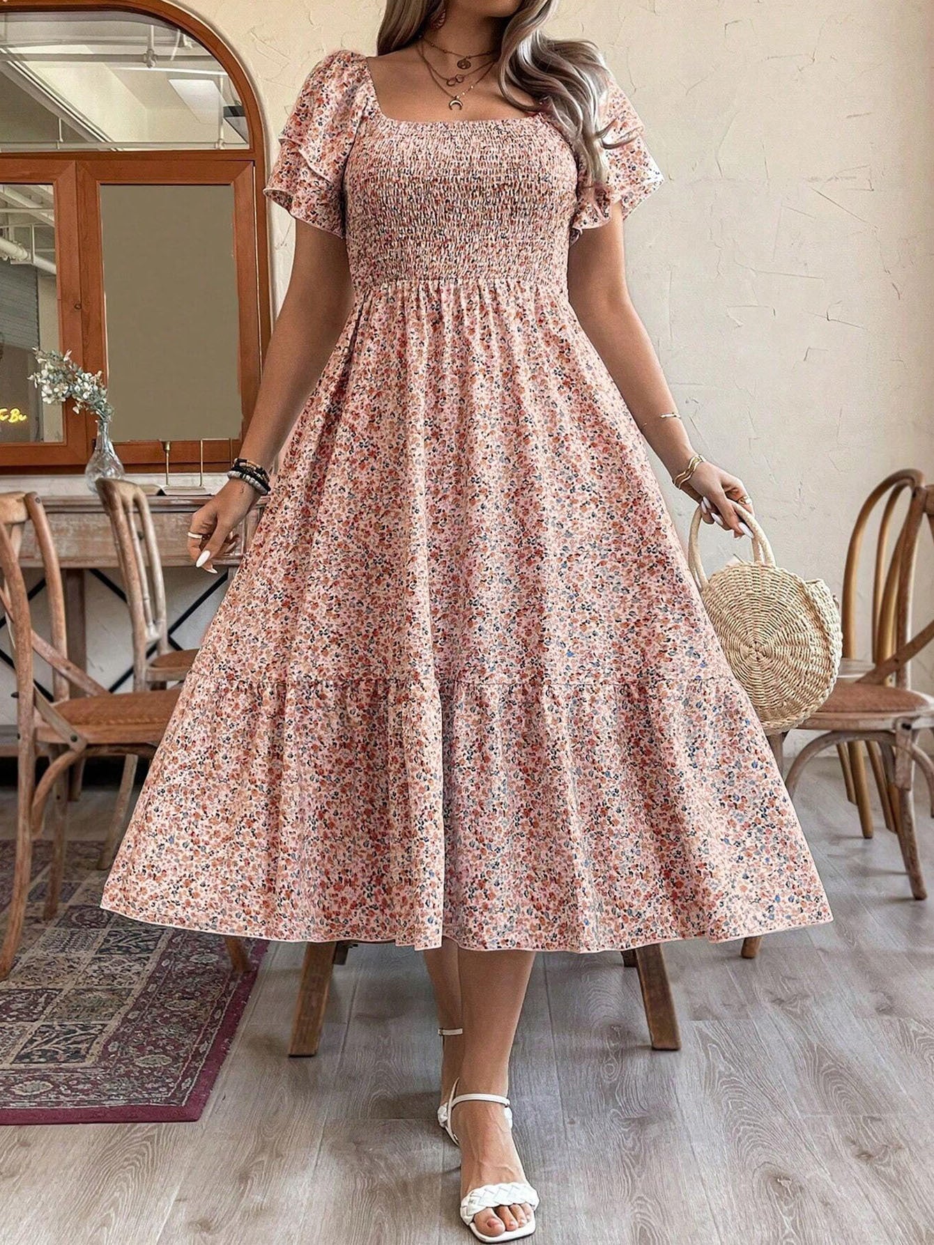 Women's Plus Size Backless Midi Dress For Summer Party - Elegant Pleated Printed Dress