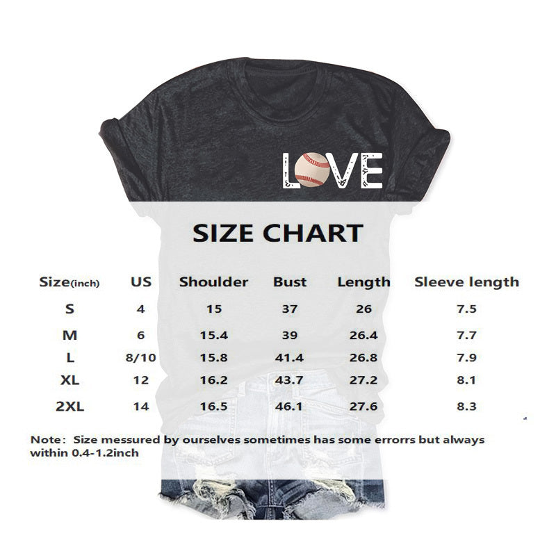 Women's Baseball Print Round Neck Tee - Front & Back Graphic Summer Casual T-Shirt