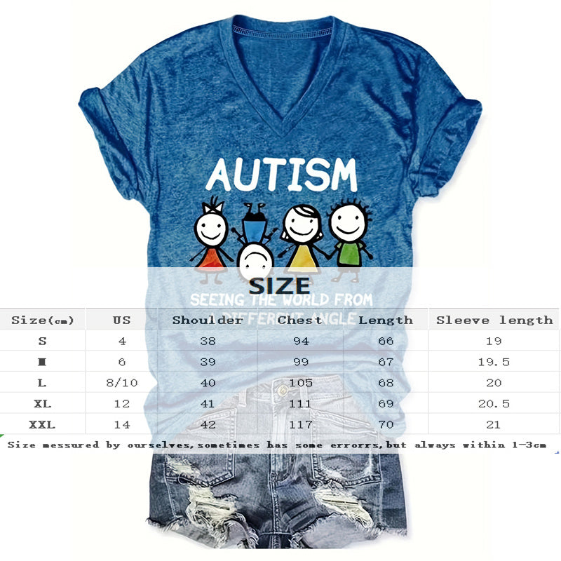 Women's V-Neck 'AUTISM' Letters & Cartoon Children Print Tee Supportive Summer Top