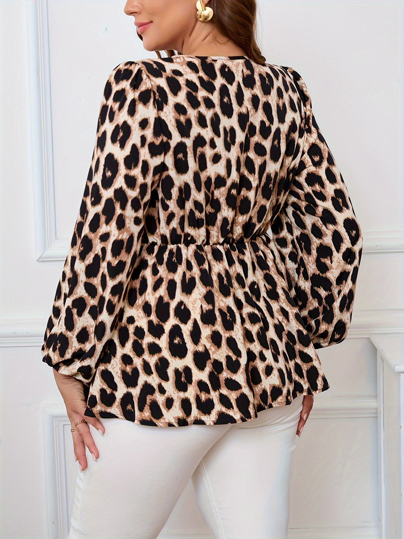 Women's Plus Size Leopard Print Tie-Up Blouse - Casual V-Neck Long Sleeve Spring Top
