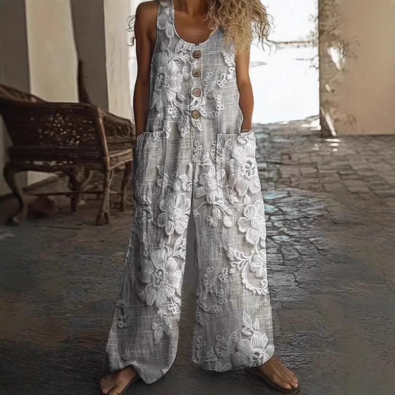 Women's Vintage Floral Jumpsuit - Sleeveless Button Front Romper With Pockets, Casual Loose Fit Long Pants Jumper