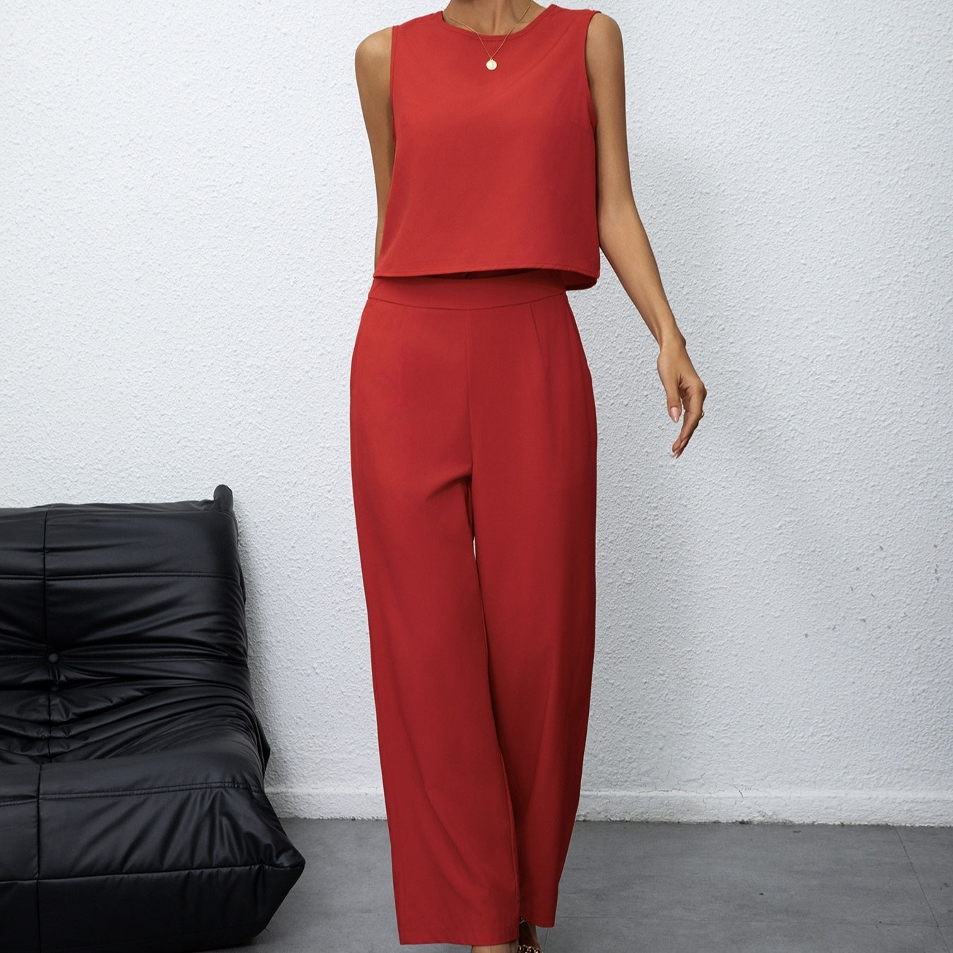 Women's Solid Color Sleeveless Top Vest And Loose Wide Leg Pants With Pockets And Straight Leg Pants Set