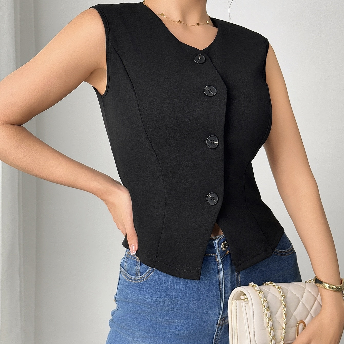 Ladies' Fashionable Temperament Sleeveless Front Button Simple Commuting Fashion Versatile Coat Vest