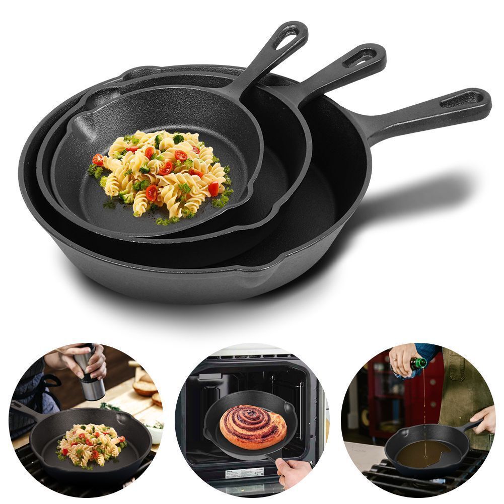Set Of 3 Cast Iron Non Stick Skillet Griddle Cooking Pan Pre-Seasoned Frying Pan