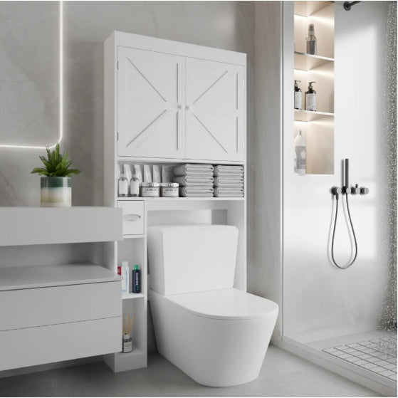 Over The Toilet Storage Cabinet With 2 Door Home Space Saving Toilet Rack, Farmhouse Style For Bathroom, Restroom, Laundry