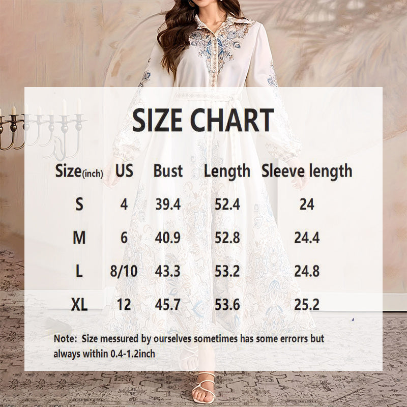 Women's Elegant Casual Knee-Length Dress - Drawstring Long Sleeves, Middle Eastern Lapel Print Adjust Tie Waist Belt Vacation & Party Dress
