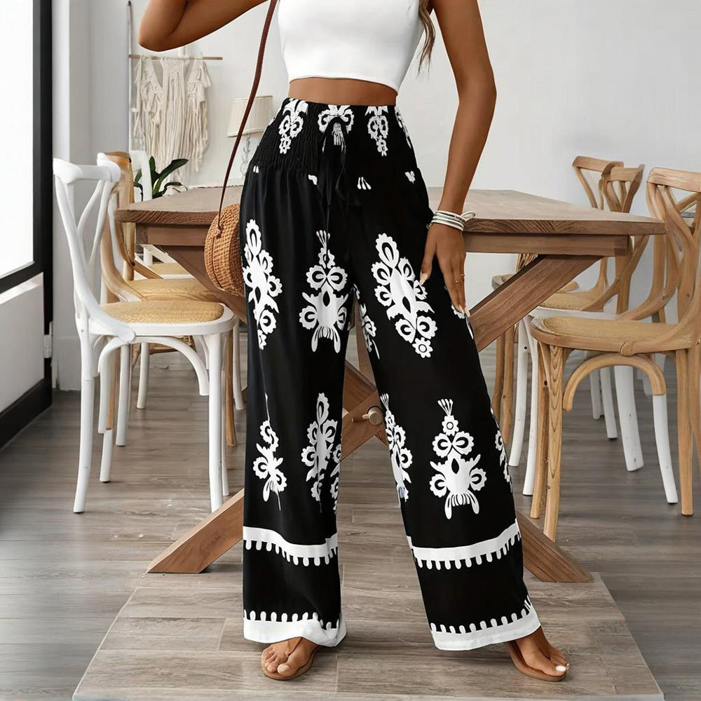 Elegant Women's High-Waisted Wide-Leg Pants With White Geometric Print Fashionable & Casual Summer Trousers