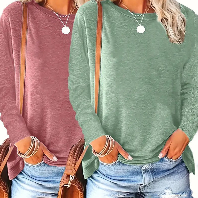 Basic Solid Color Women's Two-Piece Outfit Round Neck Long Sleeve Casual Tops For Spring & Fall