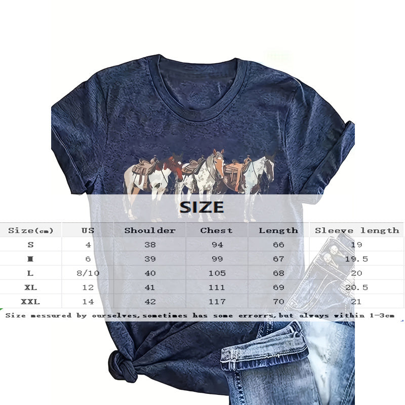 Women's Three Horses Print Round Neck Tee - Casual Summer Top