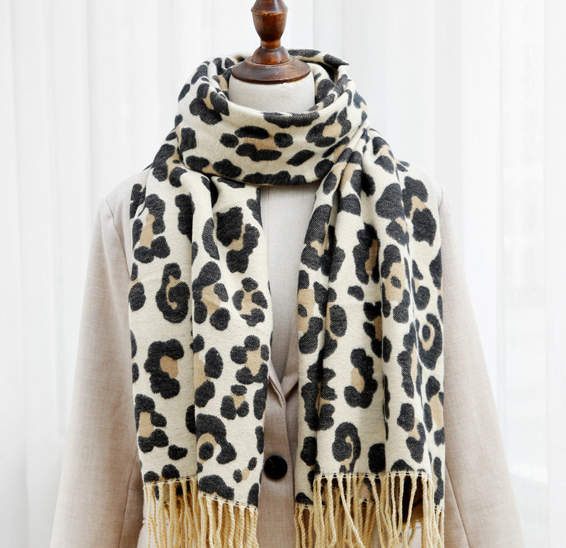 Double-sided Leopard Print Scarf With Thick Tassels Cashmere To Keep Warm