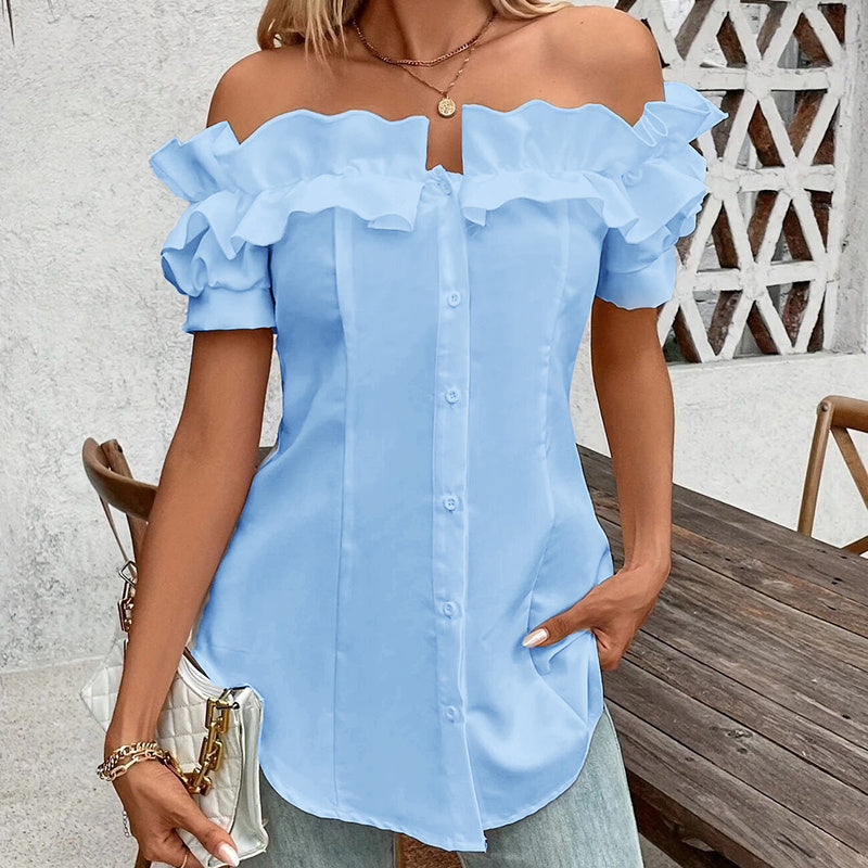 Women's Solid Color Off-Shoulder Ruffled Blouse - Waist Button-Down Shirt For Vacation & Daily Wear