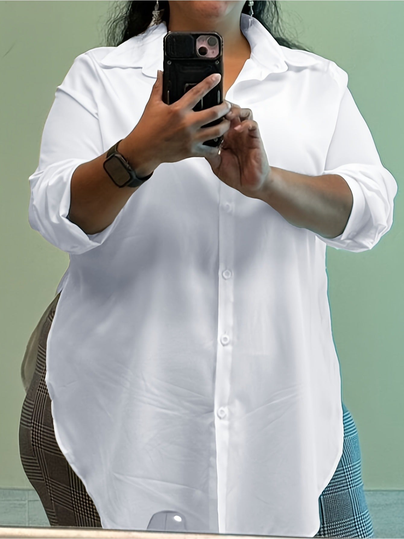 Women's Plus Size Long-Sleeve V-Neck Maxi Button-Down Shirt - Casual Side-Slit Blouse