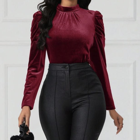 Women's Solid Color Round Neck Bubble Sleeve Slim Fit T-shirt