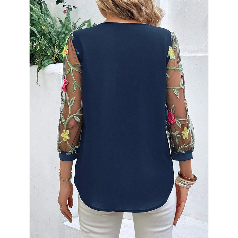 Women's Floral Embroidery Contrast Mesh Puff Sleeve Crew Neck Tee Shirt Tops