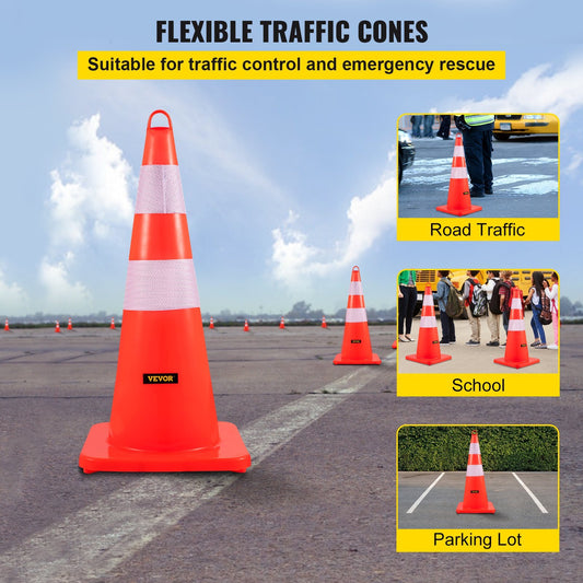 VEVOR Safety Cones, 10PCS Traffic Cones, PVC Orange Construction Cones, 2 Reflective Collars Traffic Cones With Weighted Base And Hand-Held Ring Used For Traffic Control, Driveway Road Parking