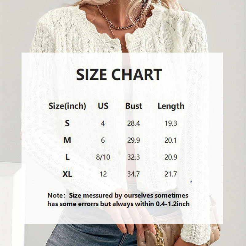 Women's Solid Color Elegant Round Neck Cardigan Top - Button Front Openwork Knit Top For Spring&Summer