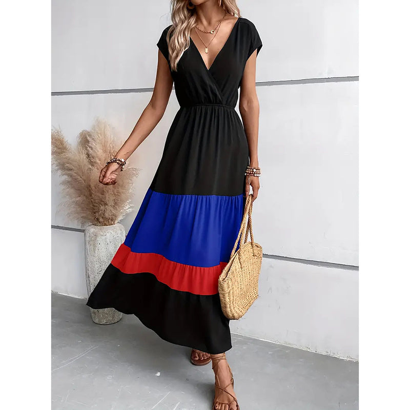Women's Color Block Maxi Dresses V Neck Sleeveless Tiered Casual Dresses Loose Sundress