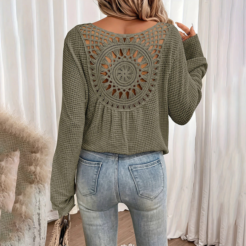Women's Solid Color V-Neck Long Sleeve Knit Top - Sexy Backless T-Shirt With Sheer Cutout Details, Elegant Blouse For Spring&Summe