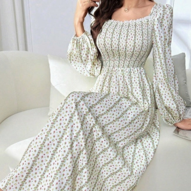 Ladies' Lantern Sleeve Pleated Lace Striped Floral Print Long Dress