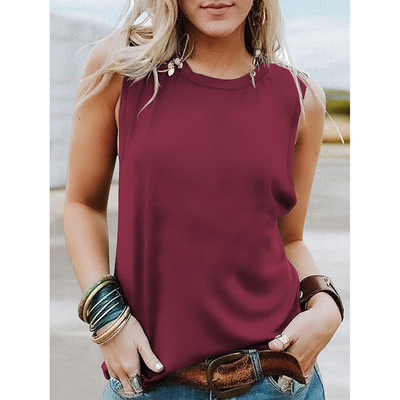 Womens Tank Tops Crew Neck Sleeveless Tshirts Solid Color Casual Loose Fit Tee Shirts