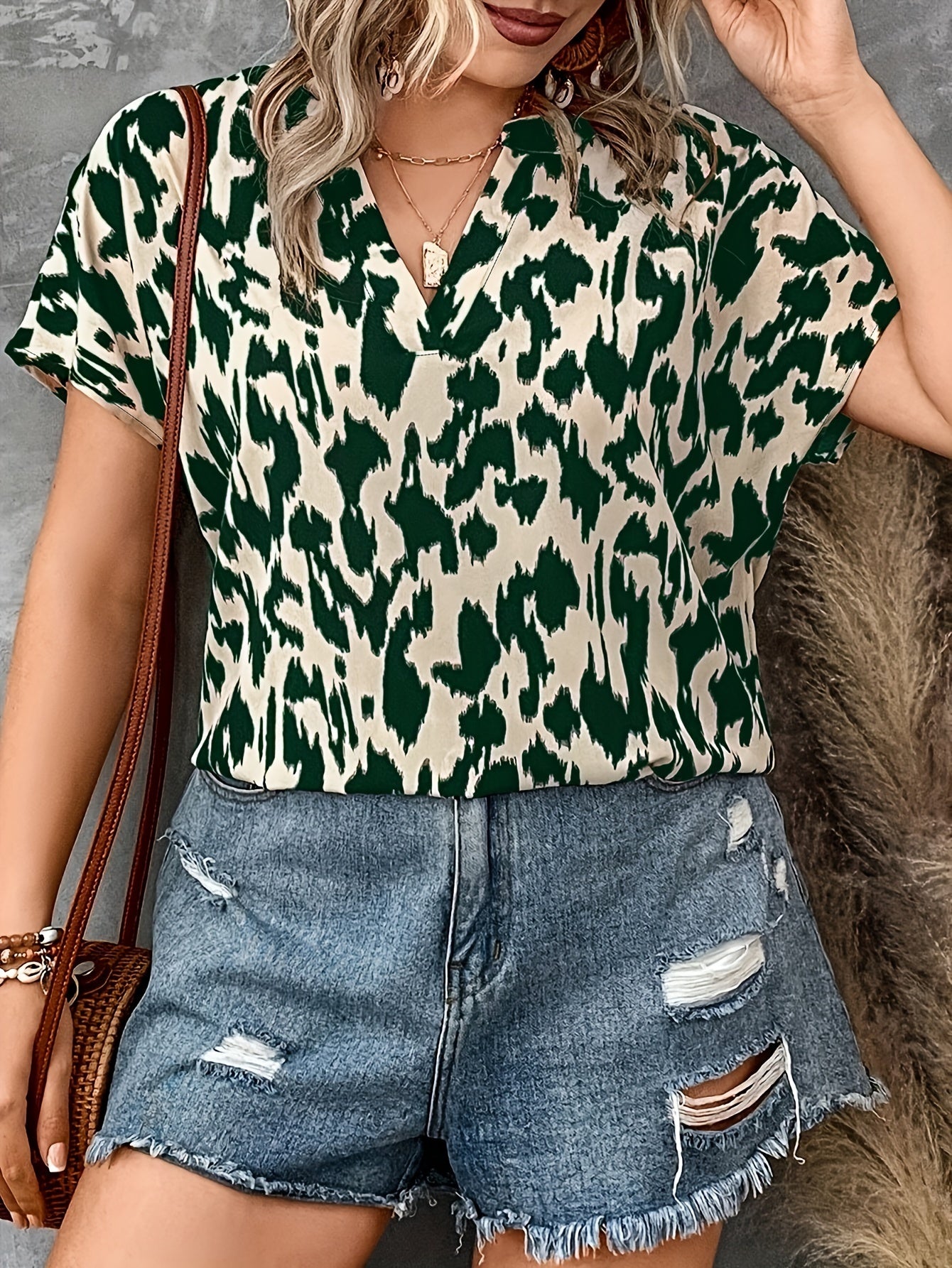 Women's Plus Size Printed Blouse - Summer Casual V-Neck Top For Work & Outings