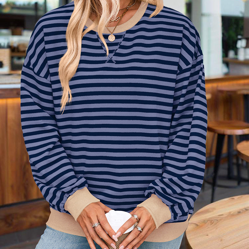 Women's Casual Crewneck Striped Long Sleeve Sweatshirt - Comfortable Loose Fit Ribbed Knit Top For Spring&Fall