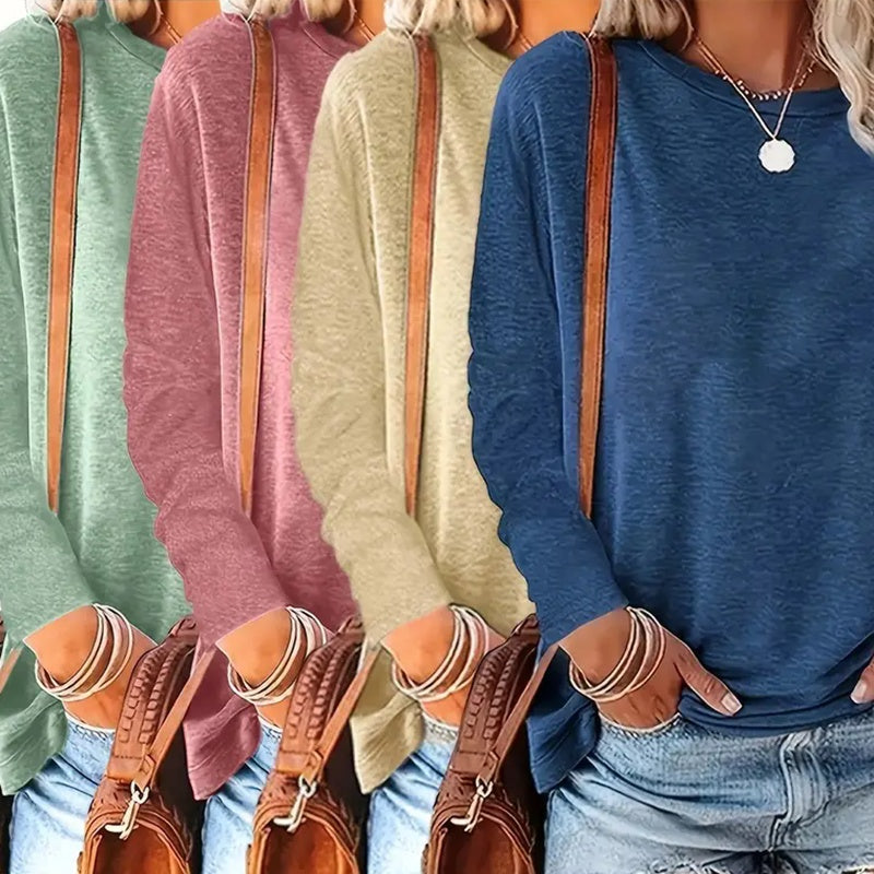 4 Pack Women's Solid Color Casual Set Round Neck Long Sleeve Tops For Spring&Fall