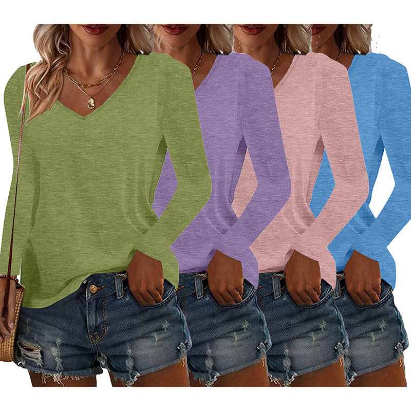 4 Pack Long Sleeve Tops For Women V Neck Dressy Basics Tees Casual Trendy Loose Fit T Shirts