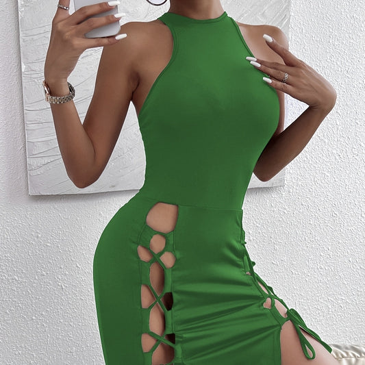 Women's Solid Color Sleeveless Skirt With Slit And Cross Tie, Sexy Tight Fitting Hip Hugging Women's Dress