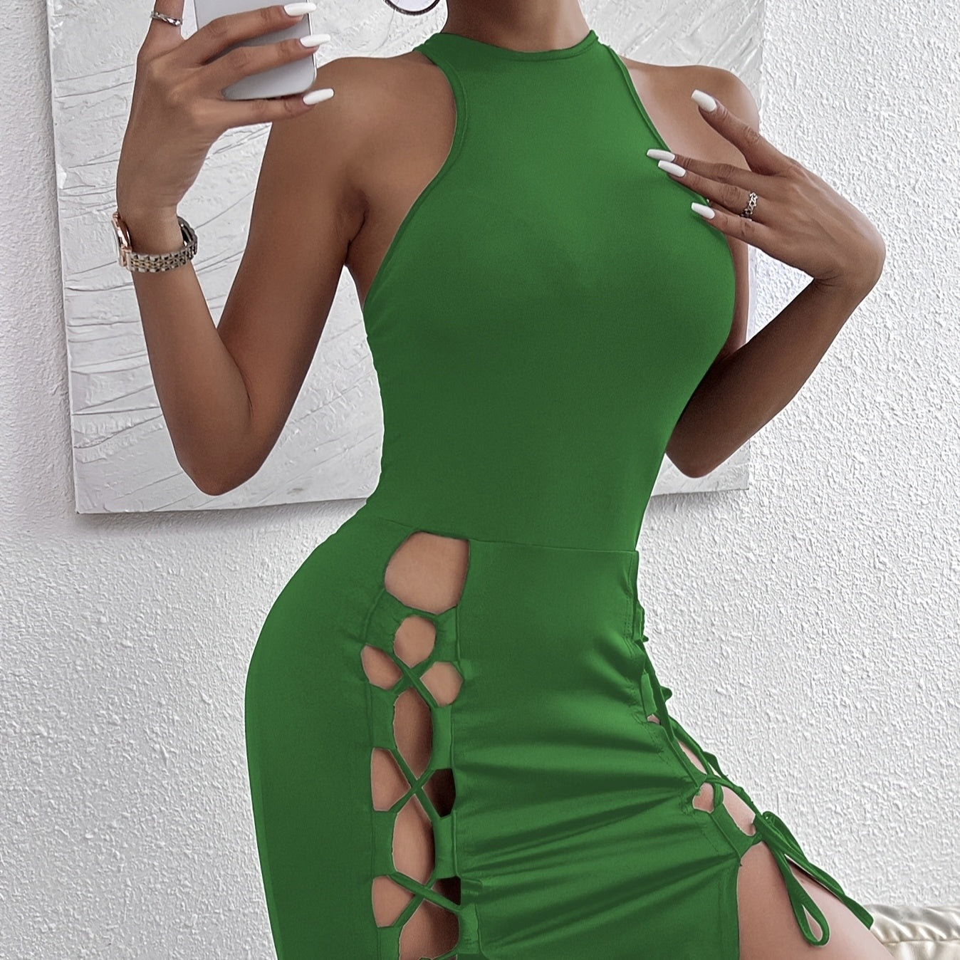 Women's Solid Color Sleeveless Skirt With Slit And Cross Tie, Sexy Tight Fitting Hip Hugging Women's Dress