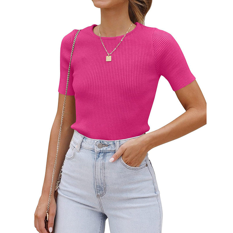 Womens Short Sleeve Shirts Crewneck Ribbed Knit Slim Fitted T-Shirt Summer Basic Tee Tops