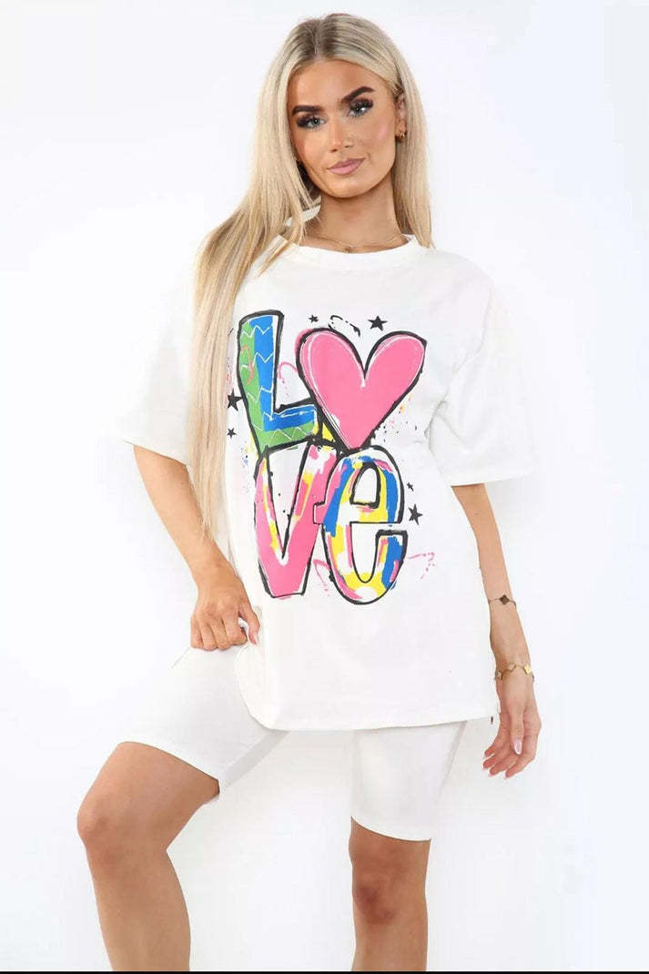 Cycling Short And T-Shirts Co-Ord Two Piece Side Slit Set With Front Printed Slogan