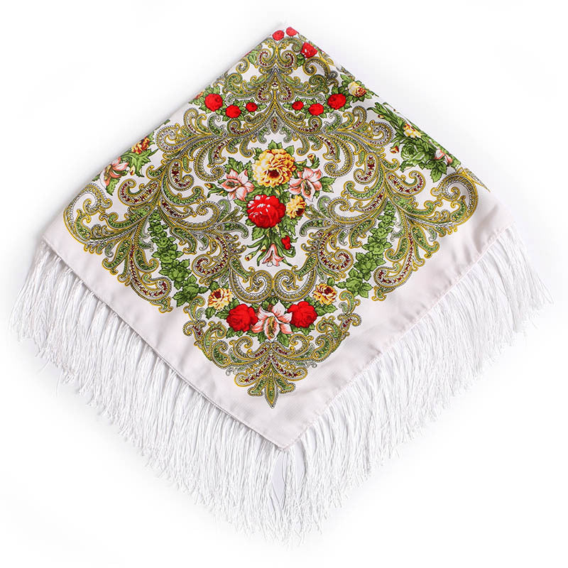 Women's Fringed Cotton And Linen Printed Square Scarf