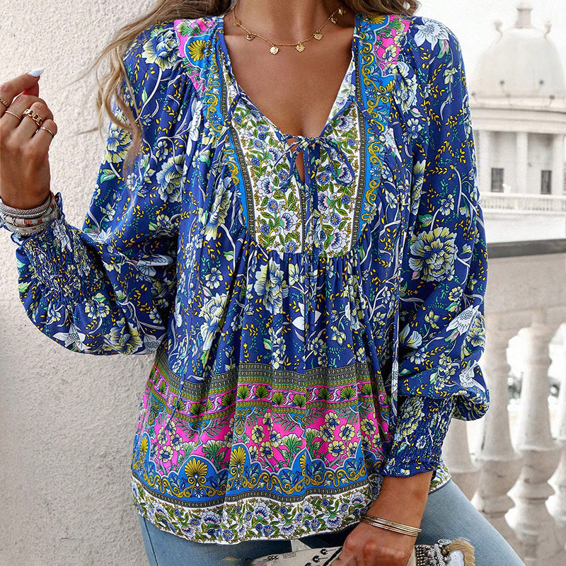 Wpmens Boho Chic Long Sleeve Blouse Floral Print V-Neck Top With Lace-Up & Drawstring Detail Elegant Vacation Shirt