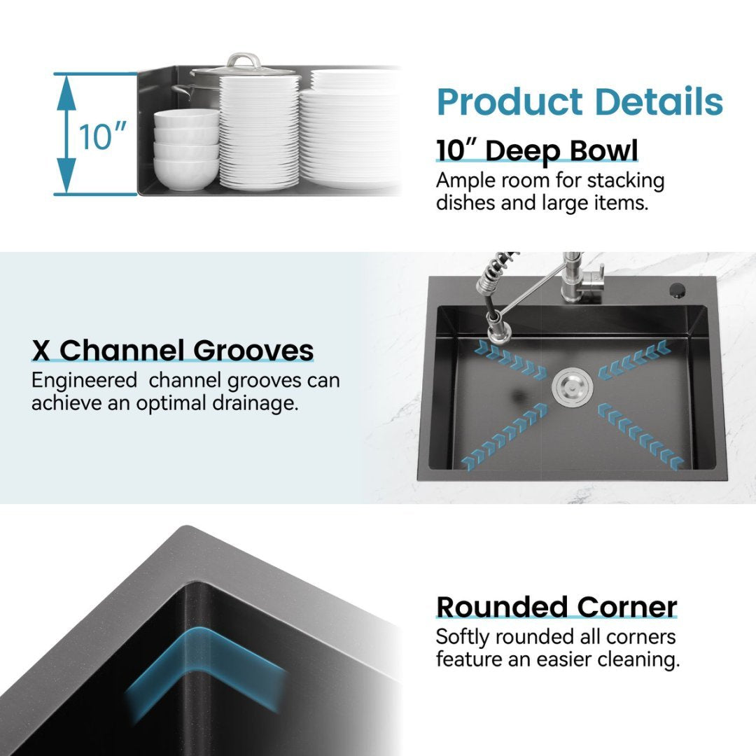 Stainless Steel Kitchen Sink, Single Bowl, Overmount Handmade Sink In Black, With US Standard Drain And Hook, LS-SSBL01