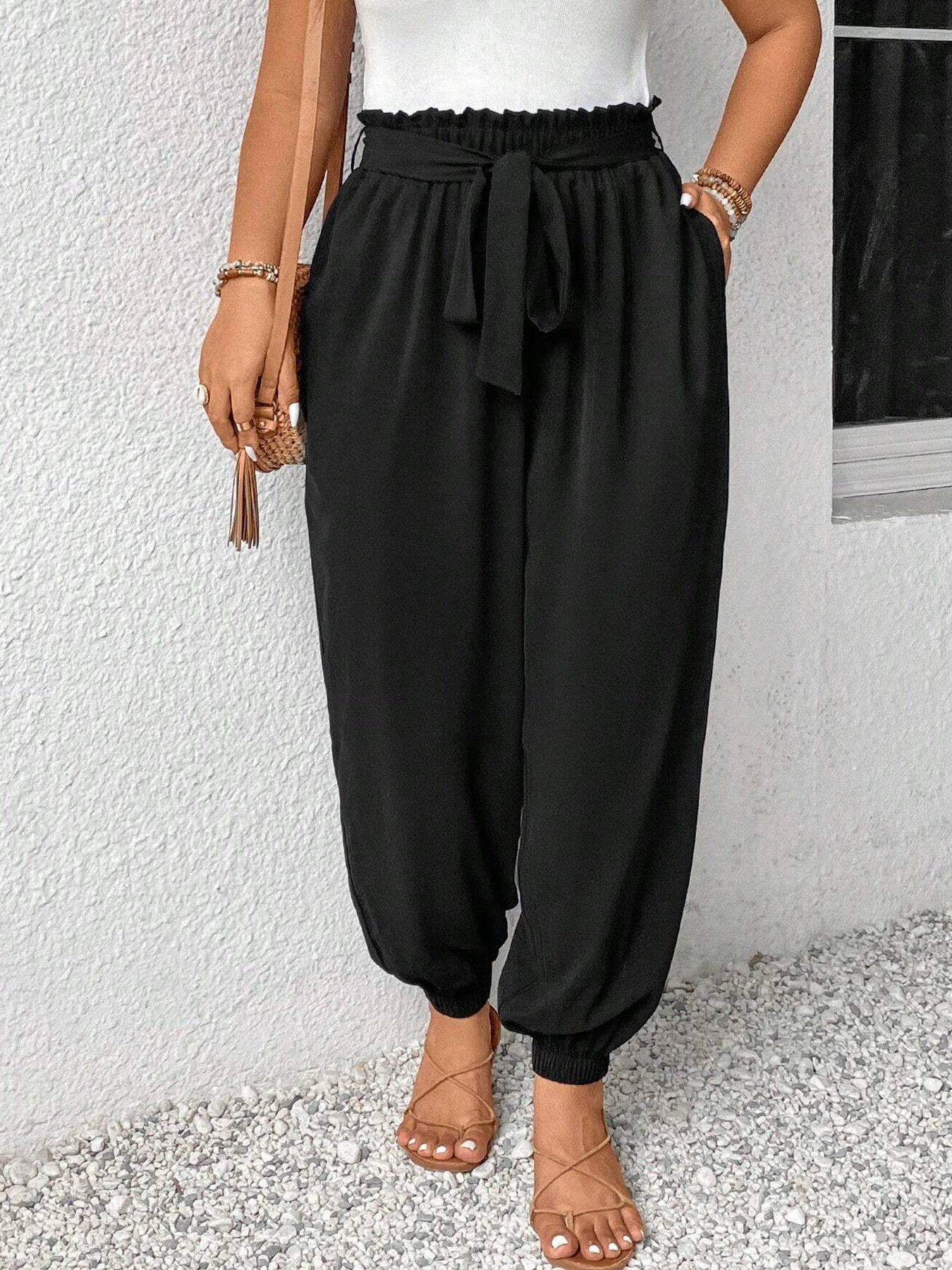 Women's Plus Size Cuffed Pants - Summer Casual Elastic Waist Long Trousers With Pockets And Belt
